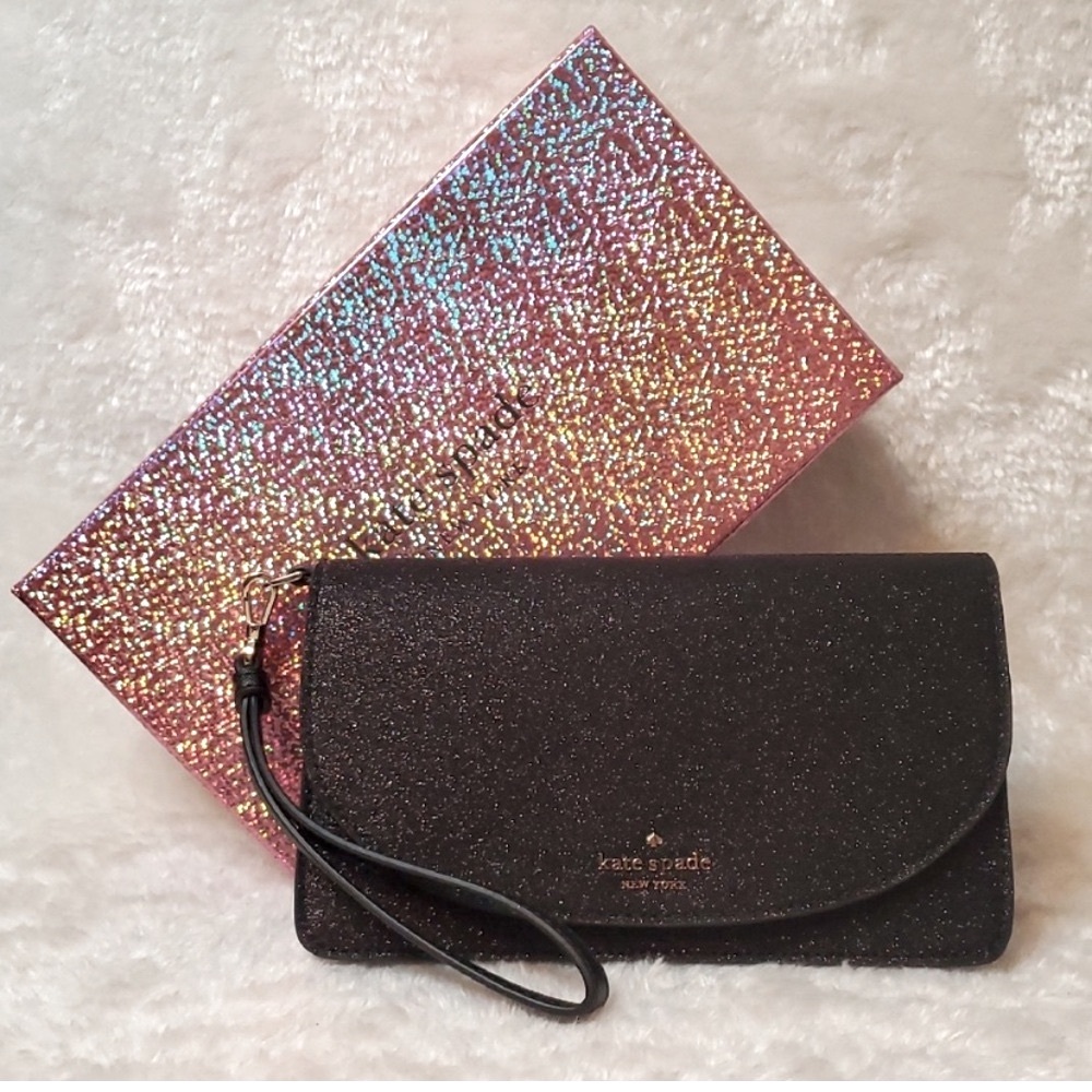 KATE SPADE NWT Joeley Multifunction Wristlet Wallet Black Sparkle Leather IN BOX